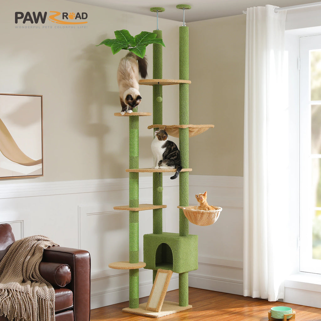 Floor to Ceiling Cat Tree with Scratching Posts Spacious Condo Hammock Tunnel Indoor Height Adjustable Wooden Cat Tower Cat Toys
