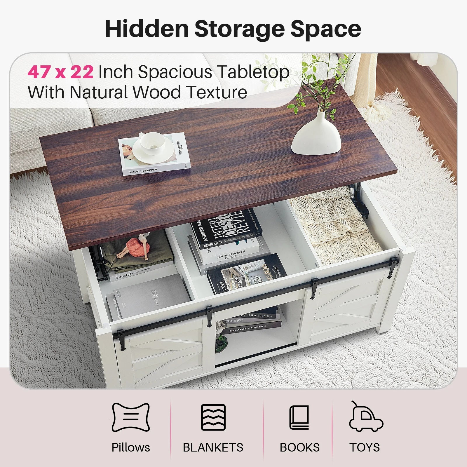 Redlife 47.2" Lift Top Coffee Table, Rustic Center Table w/ Hidden Storage Compartment  Sliding Barn Door for Living Room Office