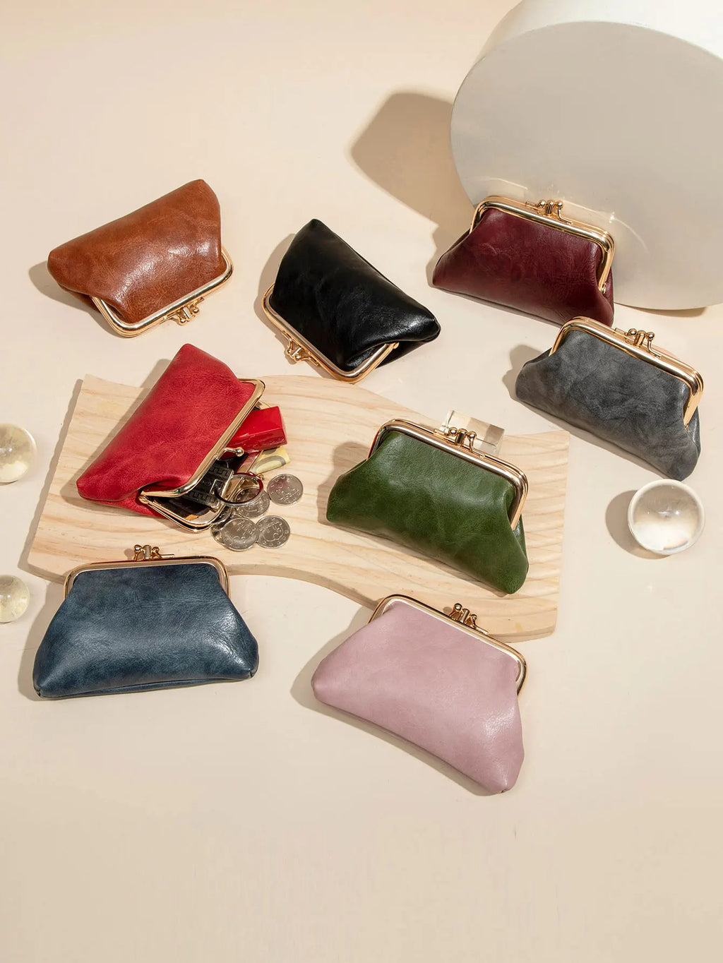 Cute Clip Lock Women's Coin Purse Retro Solid Color Bifold Kiss Lock Small Wallet Simple PU Leather Lipstick Portable Pocket Bag