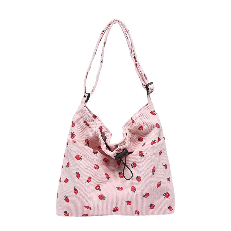 Women Corduroy Shoulder Bag Strawberry Handbag Adjustable Strap Multi-Pocket Work Shopping Bag