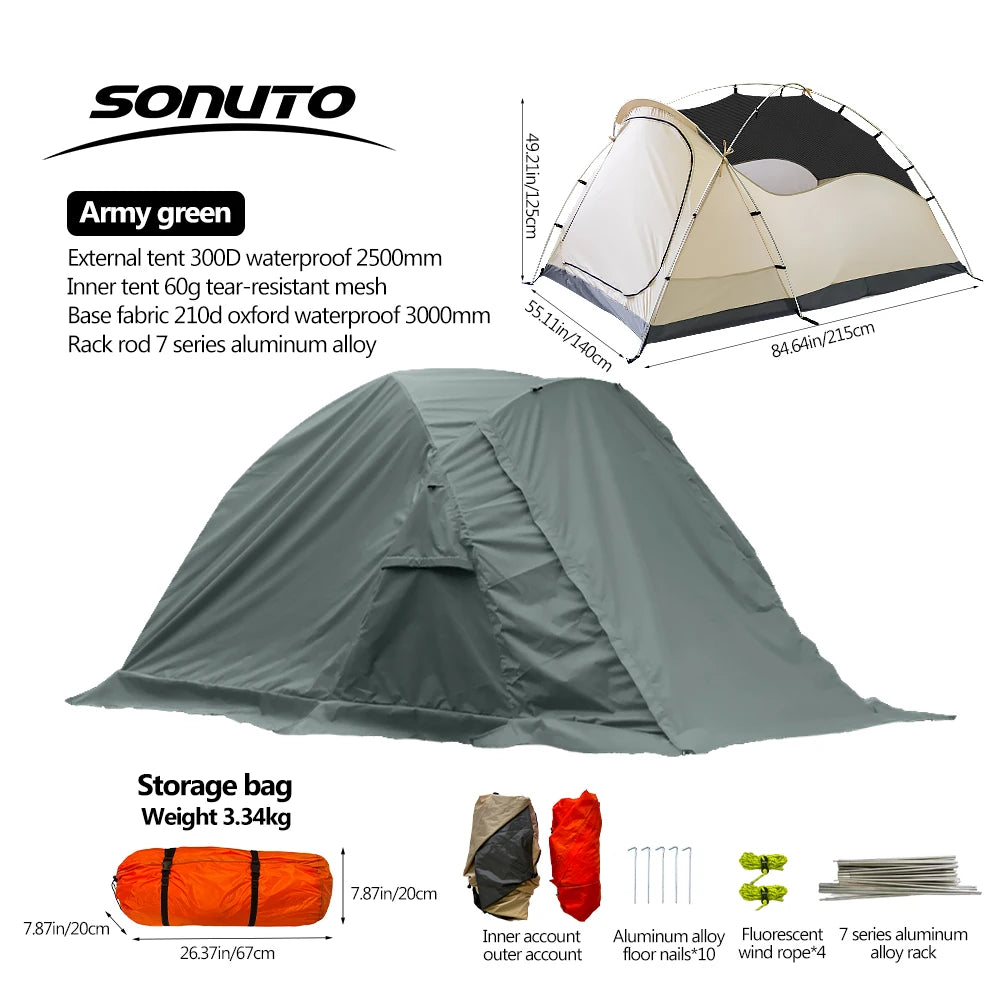 Ultra-Light 2-3 Person Hiking Tent – Snowproof, Portable, Double-Layer Aluminum Frame, Durable Oxford Fabric for Camping