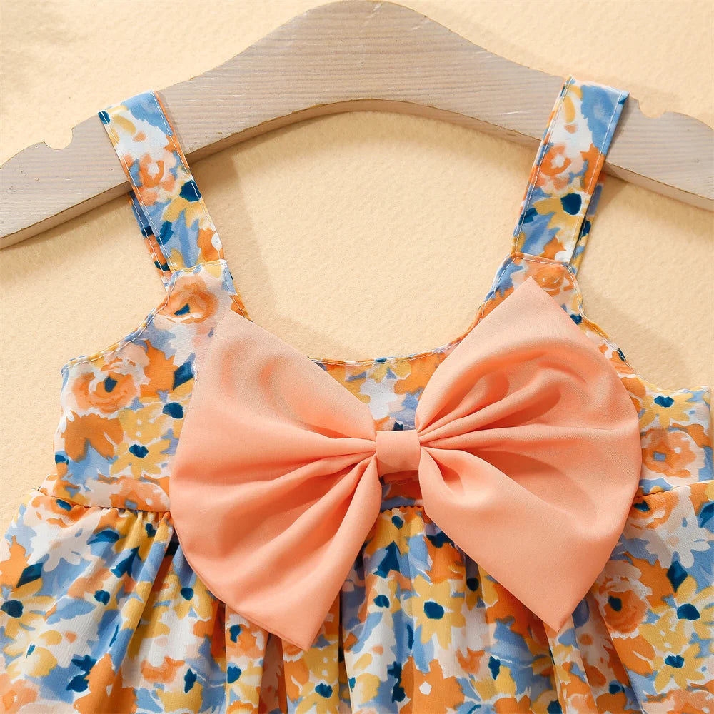 Baby Girl Dresses Summer Floral Cotton Suspender Dresses Cute Bow Girls Dresses Beach Dresses With Hats Baby Clothes Girls