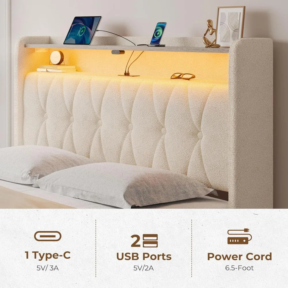 Twin Bed Frame with Drawer, Storage Headboard with Charging Station and LED Lights, Upholstered Bed