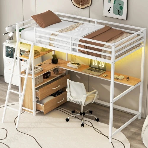Twin Size Metal&Wood Loft Bed with Desk and Shelves, Two Built-in Drawers,  White ,Blak,Oak Natural Immediate delivery from US