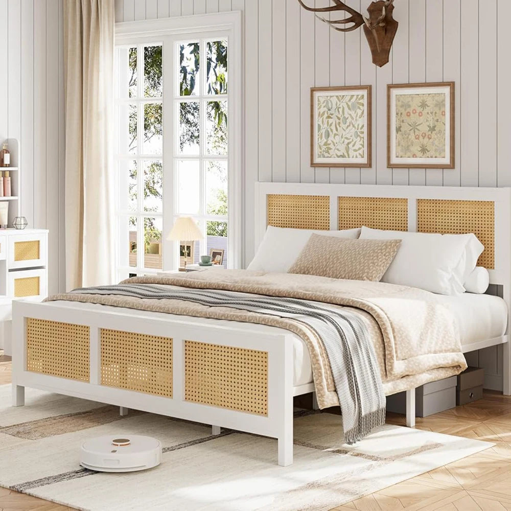 Living Room Bed Frame with Headboard, White Boho Cane Platform Bed Frame with Strong Metal Slat Noise Free No Box Spring Needed