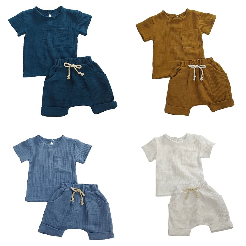 Baby Girls Boys Outfit Suit Cotton Linen Children Clothes Set Toddler Solid Casual T-shirt Kids Tops Summer Shorts Pants
