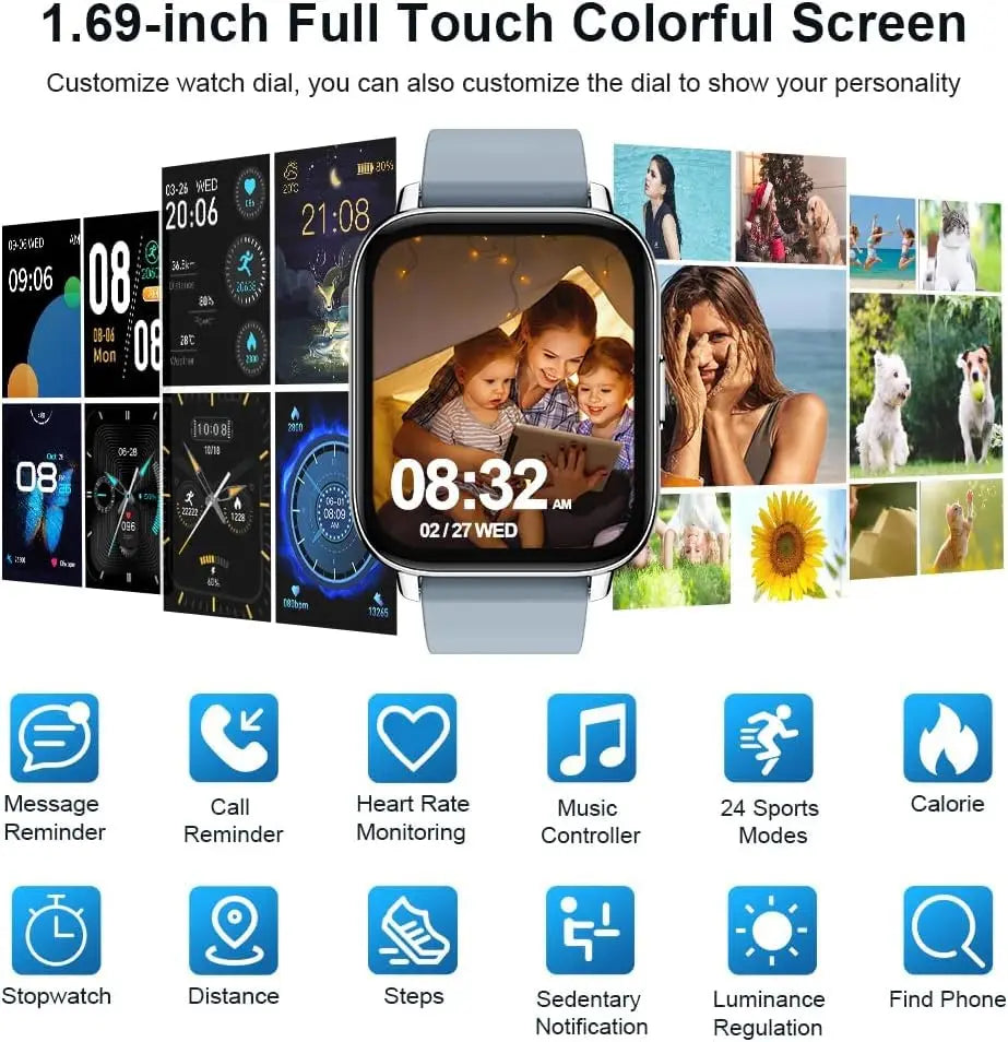 Nerunsa Smart Watch, Fitness Tracker 1.69" Touch Screen Smartwatch Fitness Watch Heart Rate Monitor/Pedometer/Sleep Monitor.