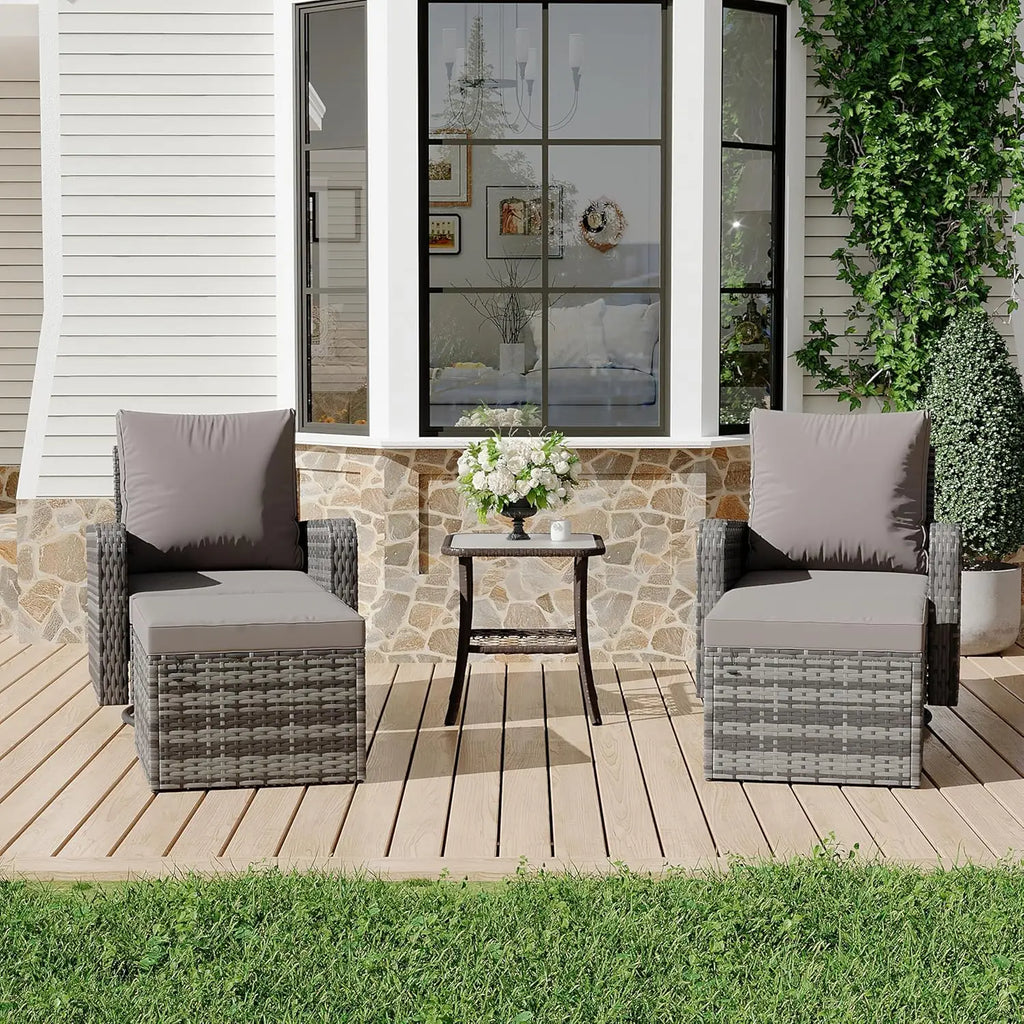 5 Piece Outdoor Patio Furniture Set-360 Wicker Swivel Chairs Set of 2 w/ 2 Ottoman, Coffee Table & Cushions Patio Bistro Set for