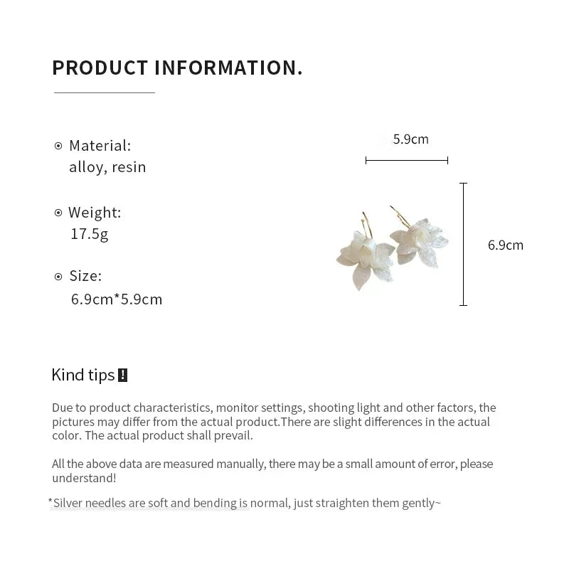 White Resin Flower Hoop New Earrings For Women Fashion Temperament Ear Hook Artistic Temperament Light Luxury Fairycore Jewelry
