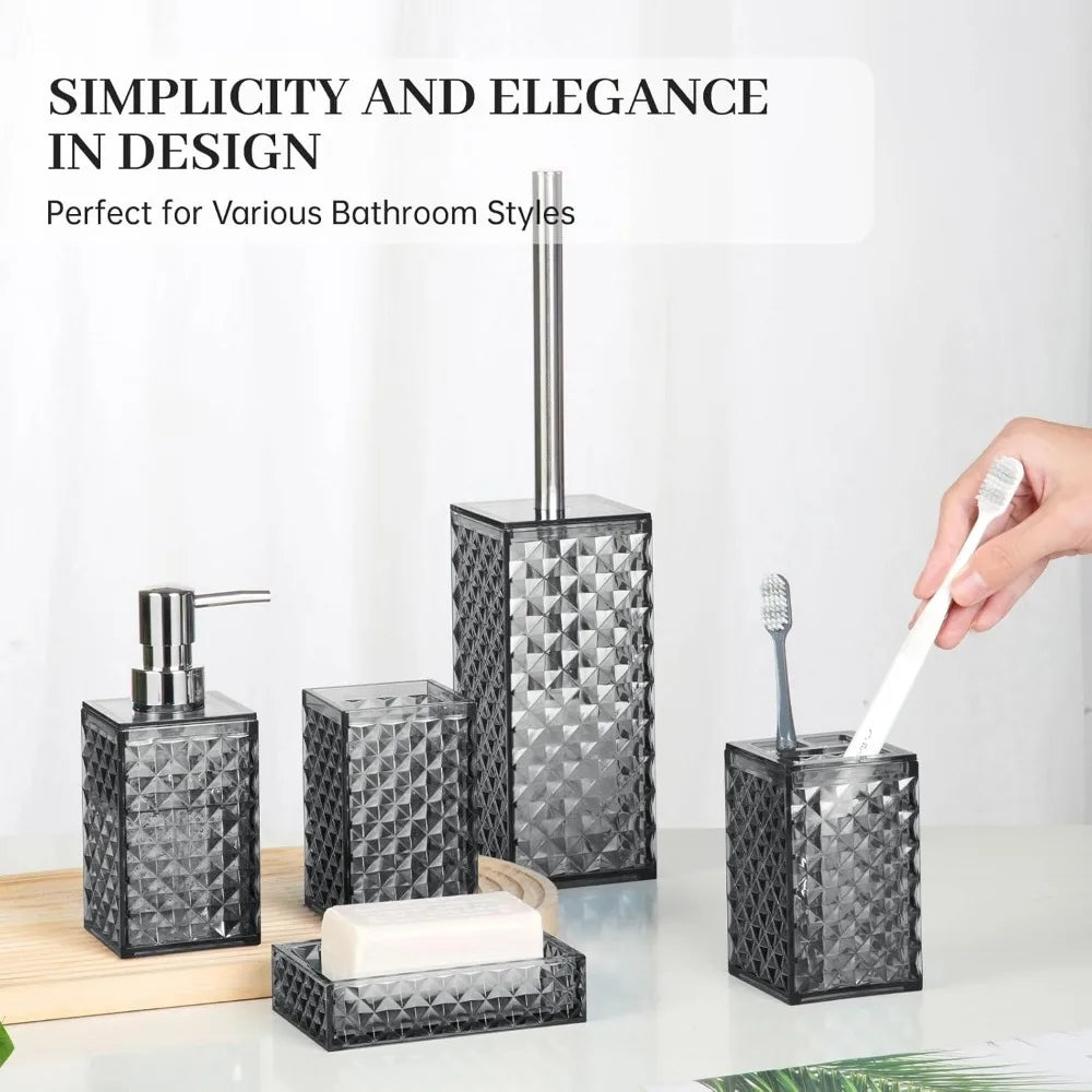 bathroom accessory set, grid pattern 5 pcs plastic bathroom set include toilet bursh, soap dispenser, soap dish, toothbrush hold