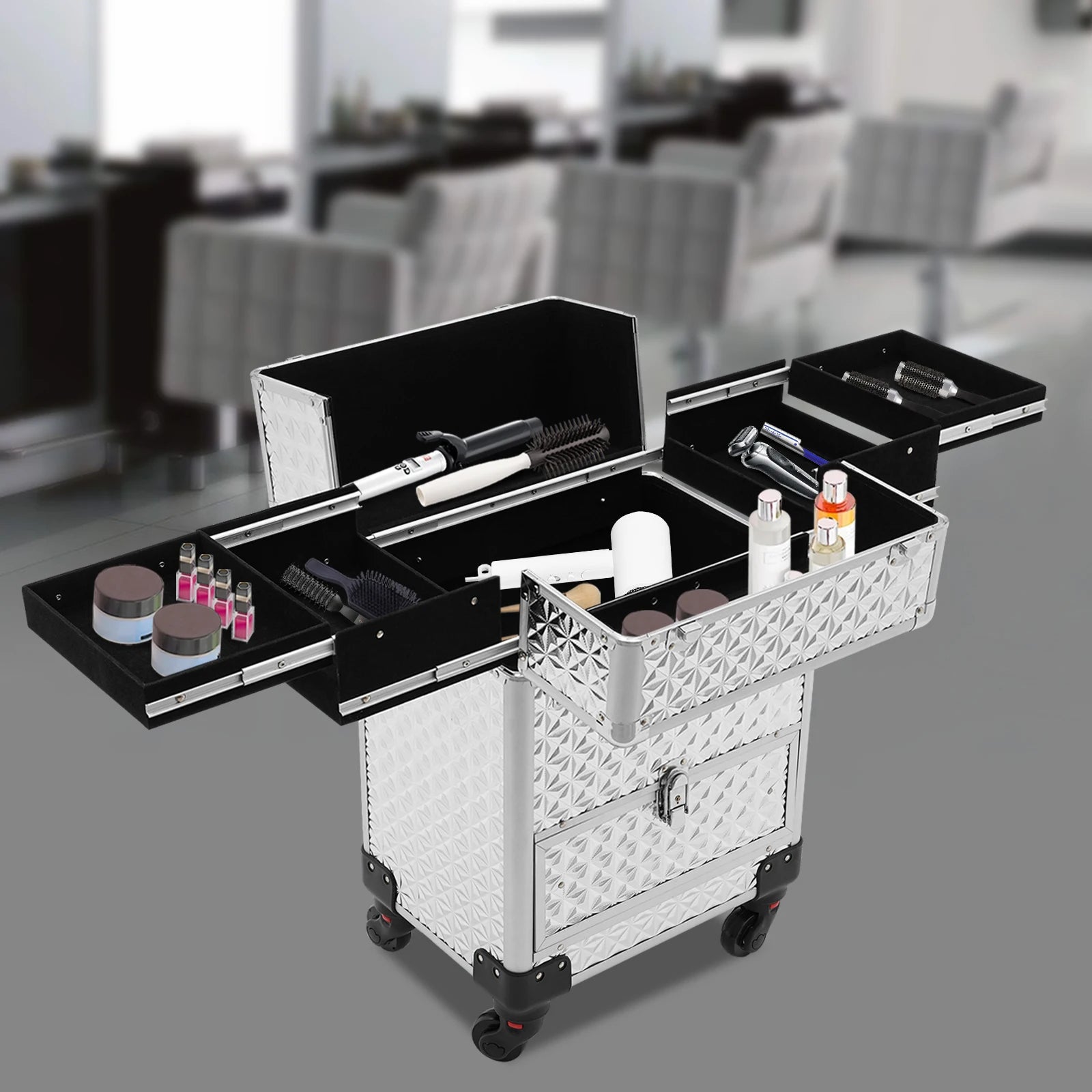 Makeup Rolling Train Case, Cosmetic Travel Trolley Storage Sliding Drawer Hairstylist Organizer Box Salon Barber Case Silver