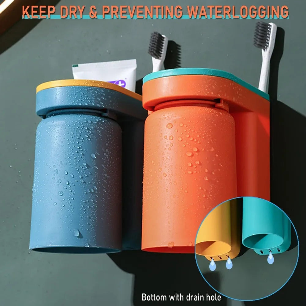 Toothbrush Holder Wall Mounted with Cup,2-in-1 Toothbrush Holders & Cups Set,Inverted Design for Easy Cleaning and draining,Stic