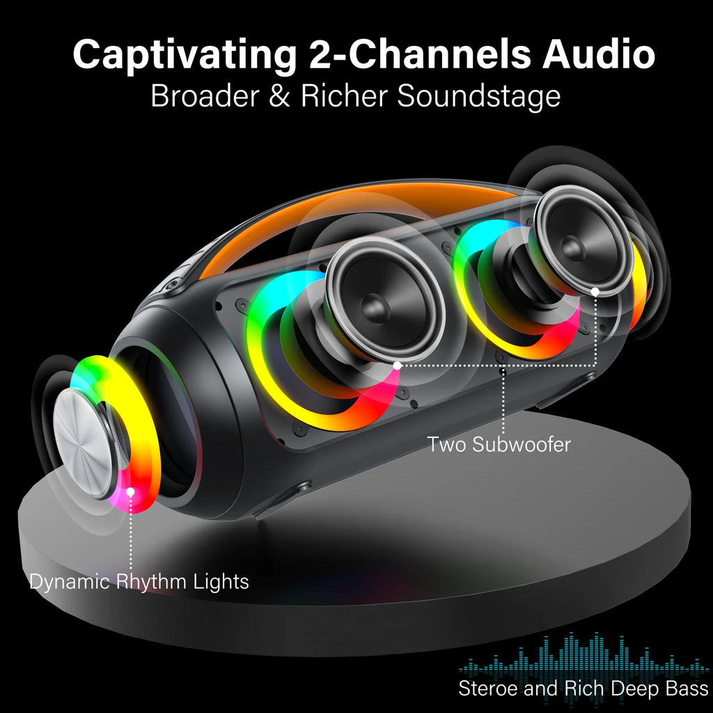 Portable Bluetooth Wireless Speaker, Loud Boombox Speaker with Subwoofer, Powerful Deep Bass Stereo Sound, IP65 Waterproof