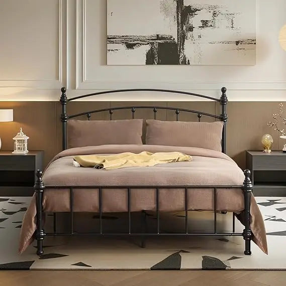 Queen Size Metal Bed Frame with Arched Headboard, Durable and Luxurious Roman Column Design, Easy Assembly