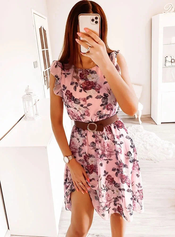 Summer Fashion Floral Printed Long Dress Ladies Sleeveless Elastic Waist Beach Dress 2025 Women V-Neck Pleated Chiffon Cover-Ups