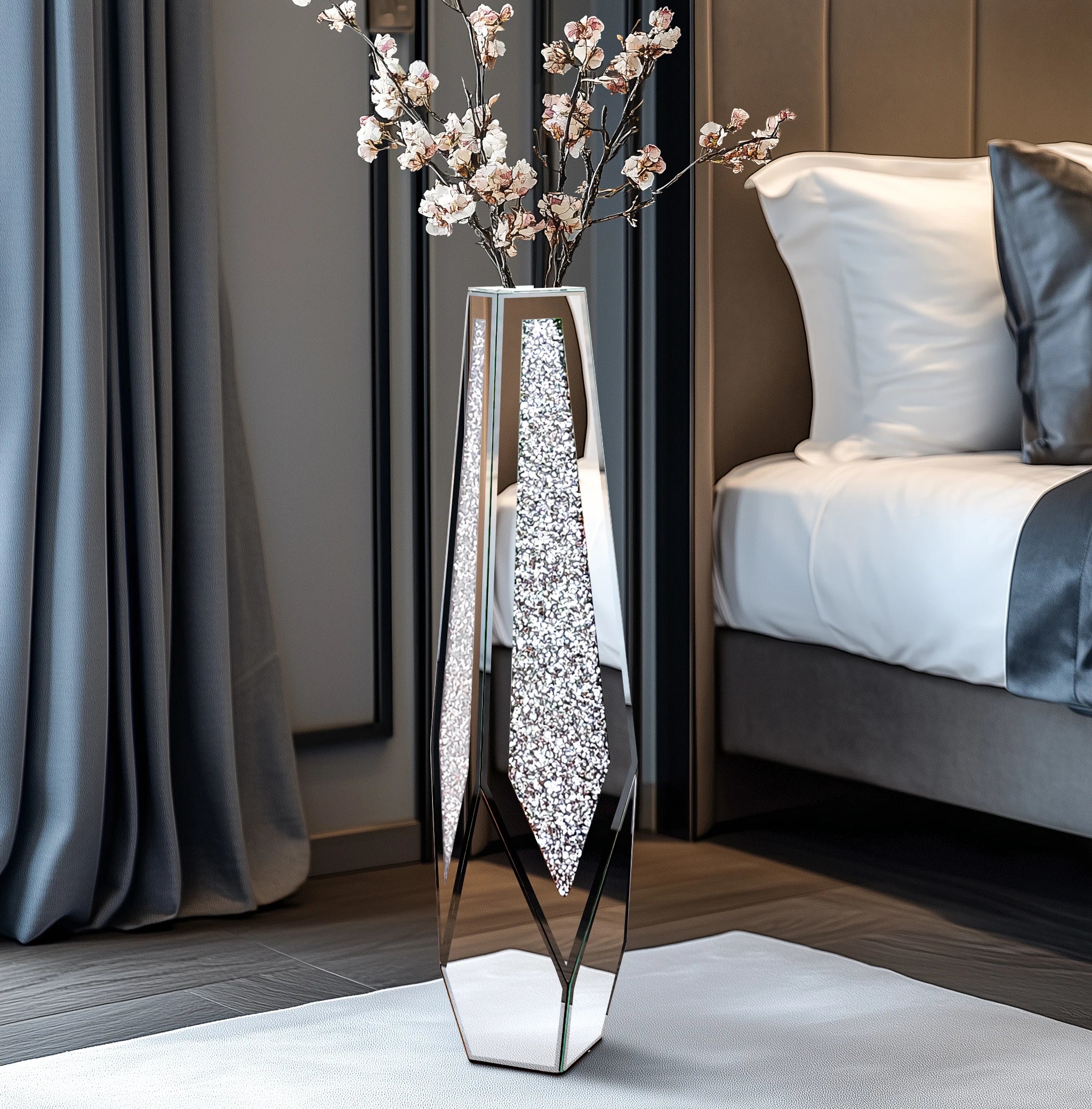 Tall Floor Mirror Vase, Large Crushed Diamond Glass Vase for Home Decor Modern Crystal Centerpiece for Living Room Wedding Hotel
