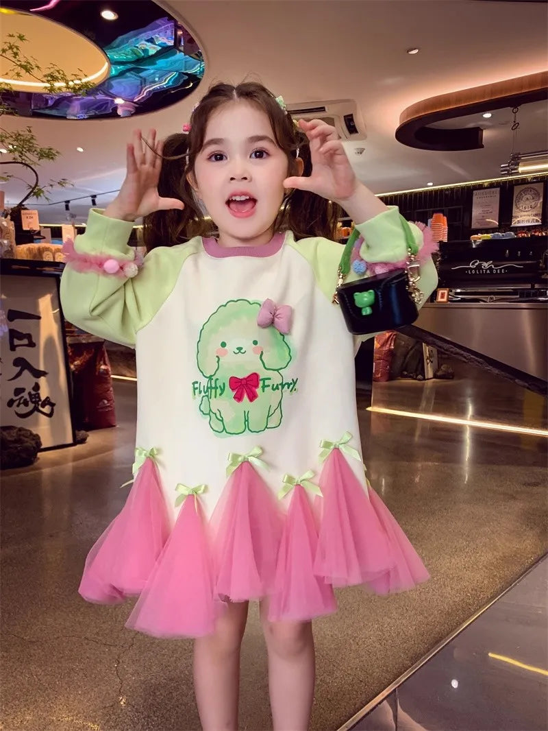 Girl's Fall/Winter Sweatshirt Long Sleeve Princess Elsa Snow White Cartoon Print Tulle Skirt Casual Hoodie Dress 2-12 Years Old