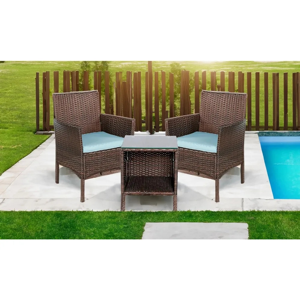 Space-Saving Outdoor Wicker 3-Piece Bistro Set with Cushions for Patio, Garden, and Porch