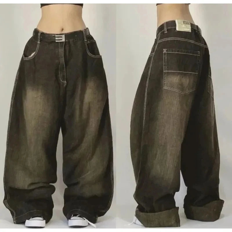 American Vntage Washing Make Old Rivets and Holes Jeans Women Y2K Street Straight Tube Baggy Slim Wide Legs and Long Pants Tide