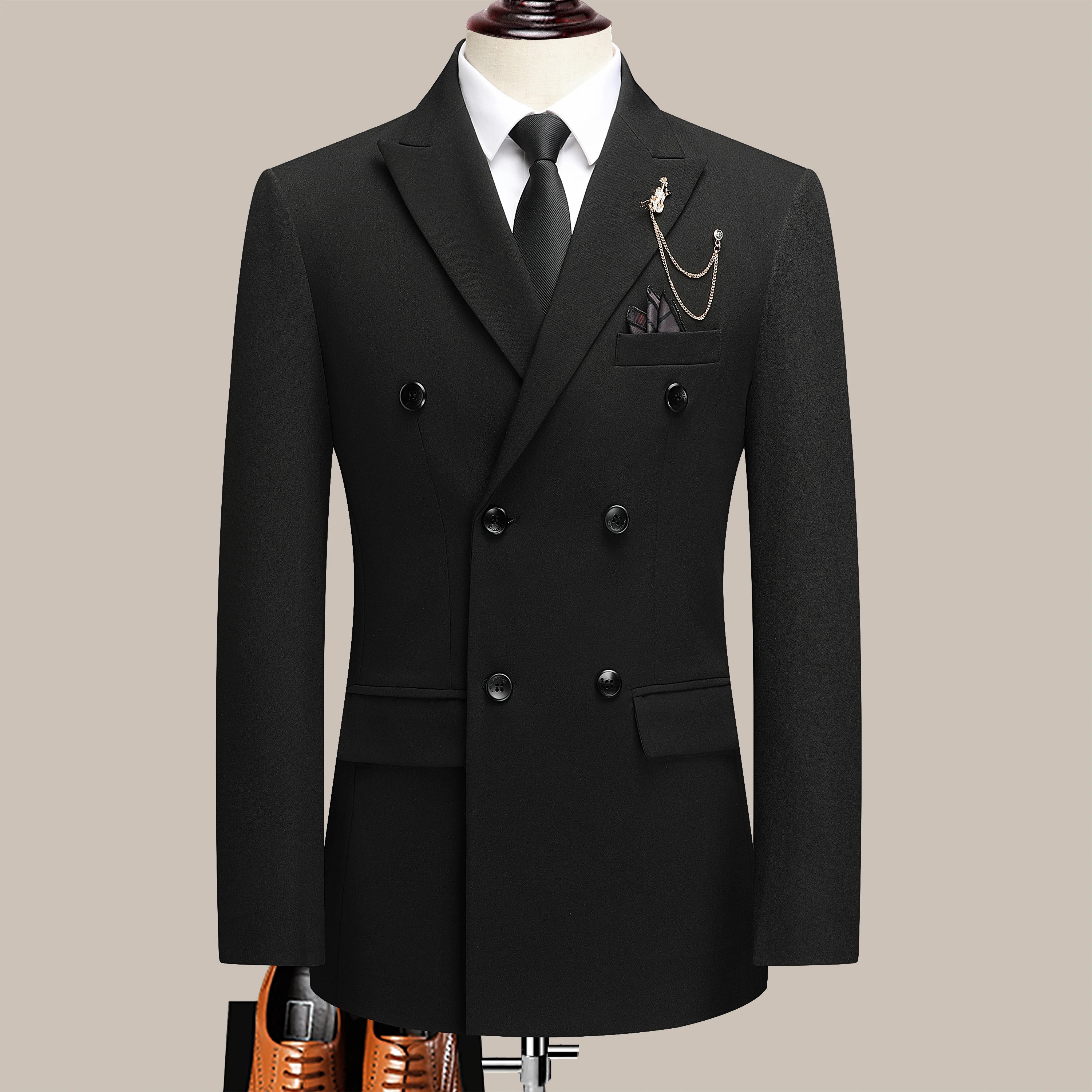 The latest men's solid color suit two-piece set with lapel collar and double breasted buttons for four seasons, men's business s