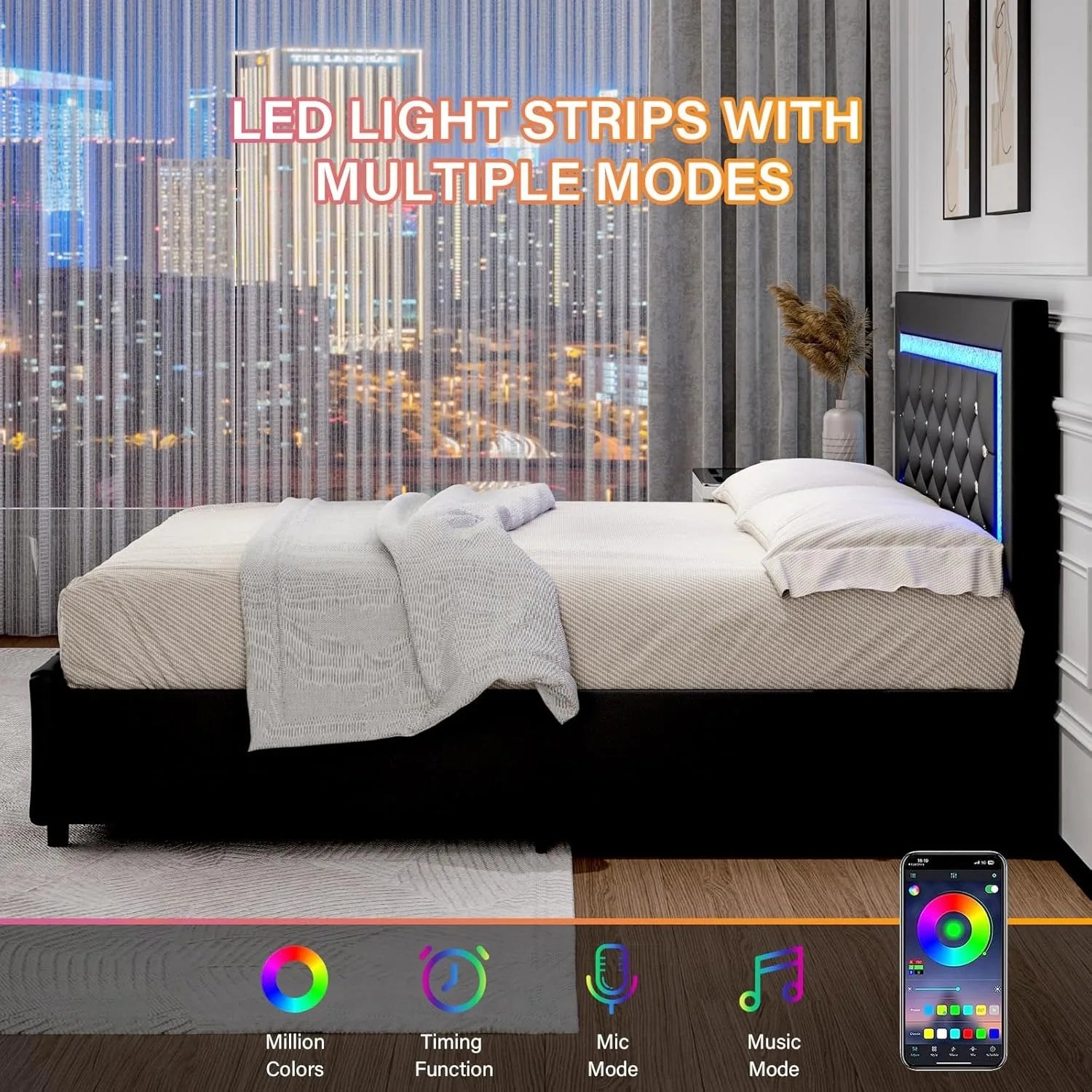 Queen Bed Frame with LED Lights, Upholstered Bed Frame with Storage Drawers, Modern Platform Bed Black