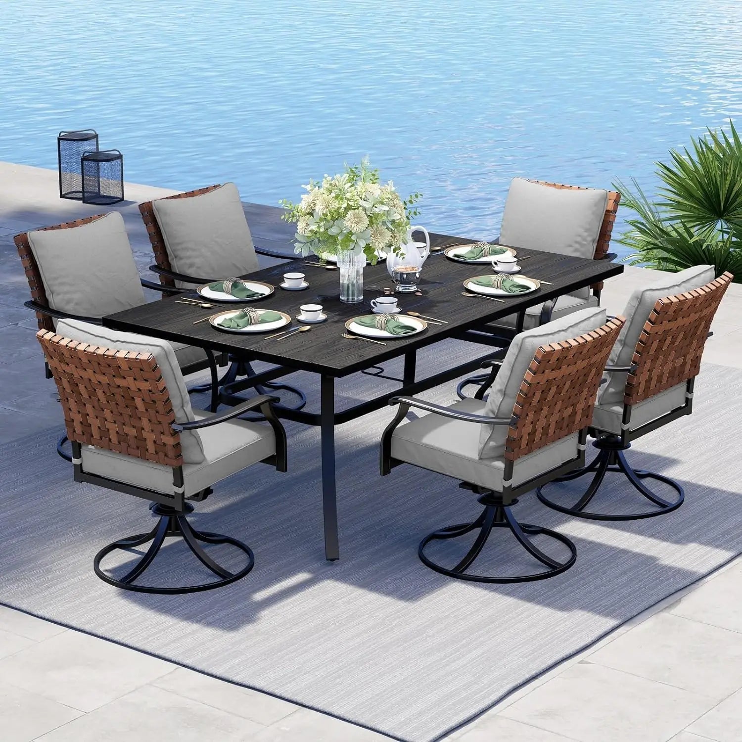 7-Piece Outdoor Dining Set, 6 Leather-Look Wicker Swivel Patio Chairs &  Rectangular Dining Table For Home Garden Decor, Deck