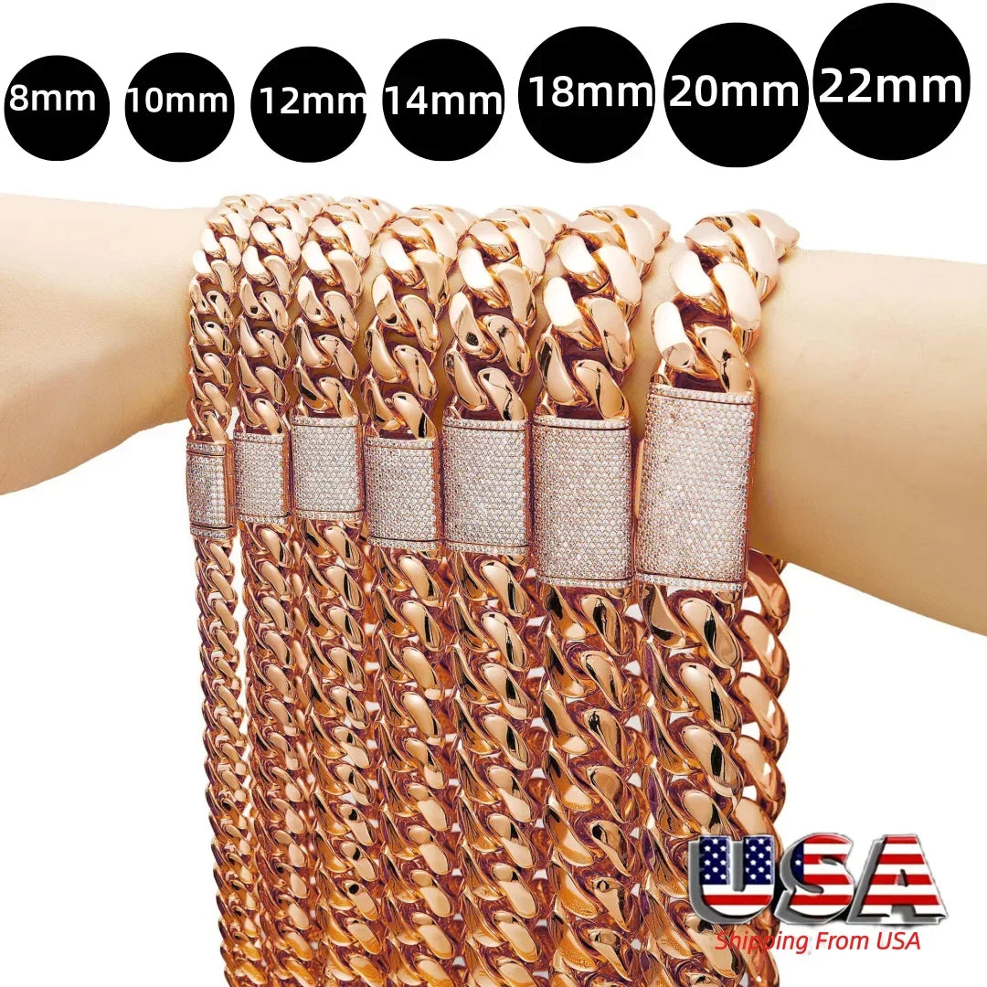 8-22mm Rose Gold  316L Stainless Steel  Cuban Miami Link Chain Iced Out CZ Box Clasp Necklace Fashion Hip Hop Unisex Jewelry