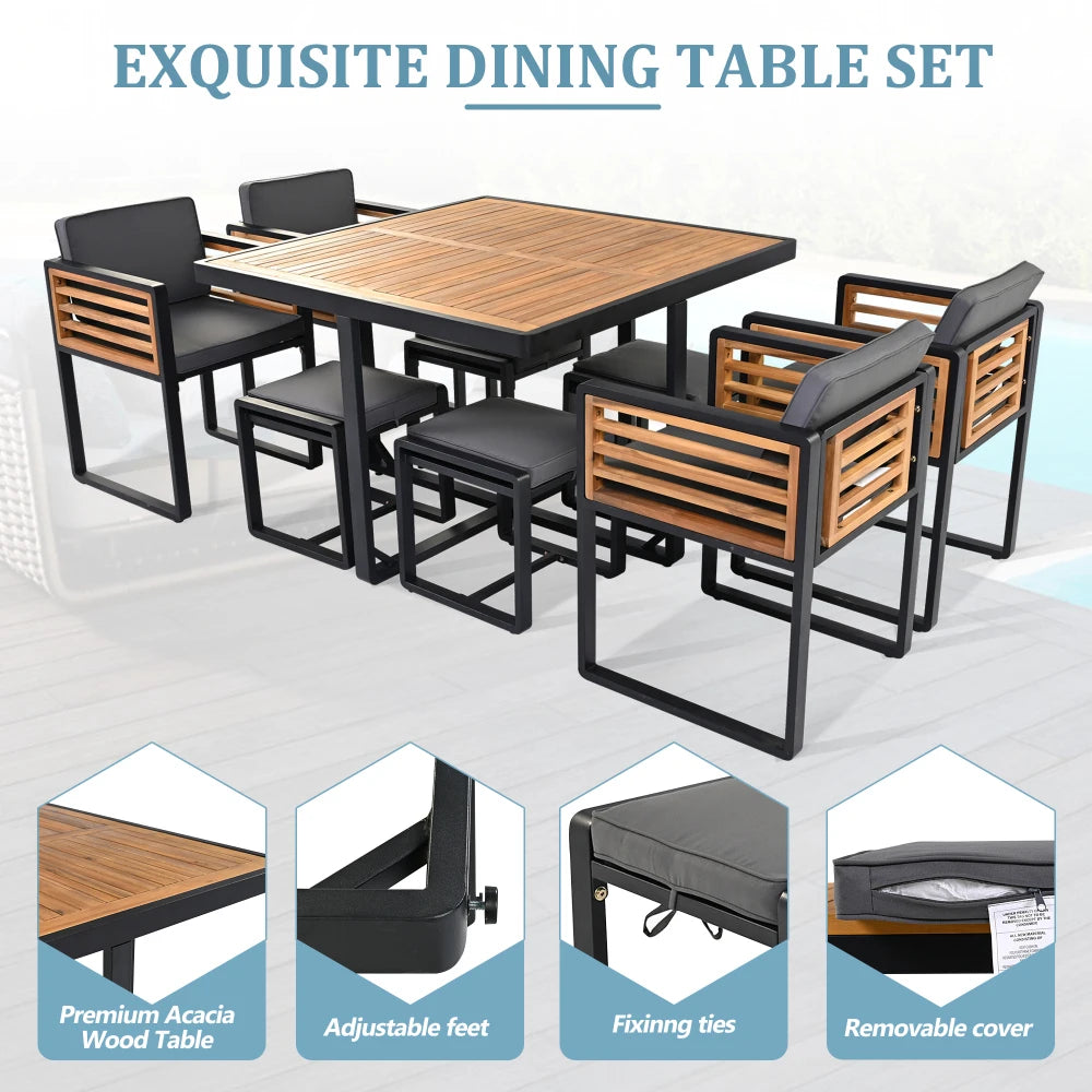 9-Pieces Acacia Wood Patio Dining Set, Space Saving Outdoor Patio Set, 4 Cushioned Chairs & 4 Ottomans & 1 Square Table