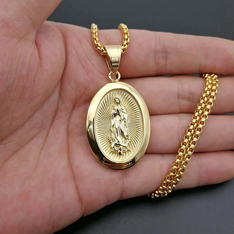 Virgin Mary Prayer Pendant Necklaces Gold color 316L Stainless Steel with rhinestone Women/Men Jewelry
