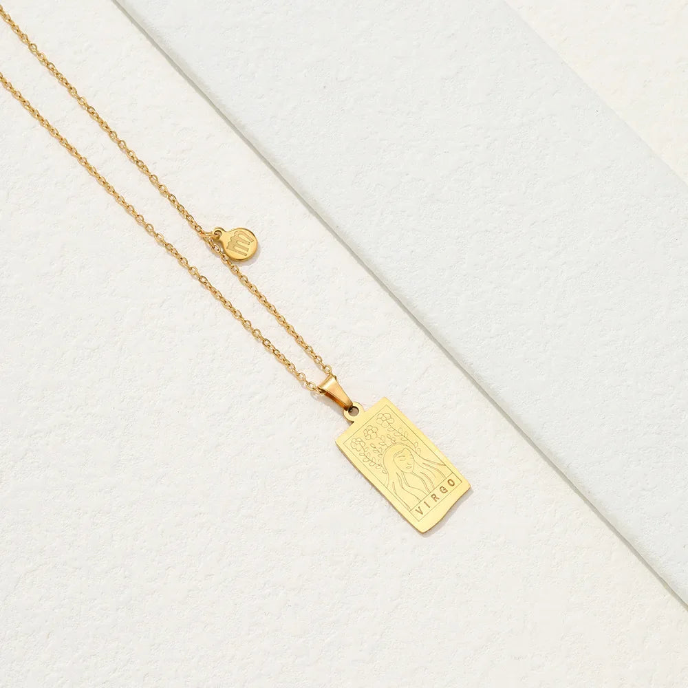 Stainless Steel Square Tarot Card Pendant Women Necklace Twelve Constellations Gold-Plated Clavicle Chain Horoscope Gifts