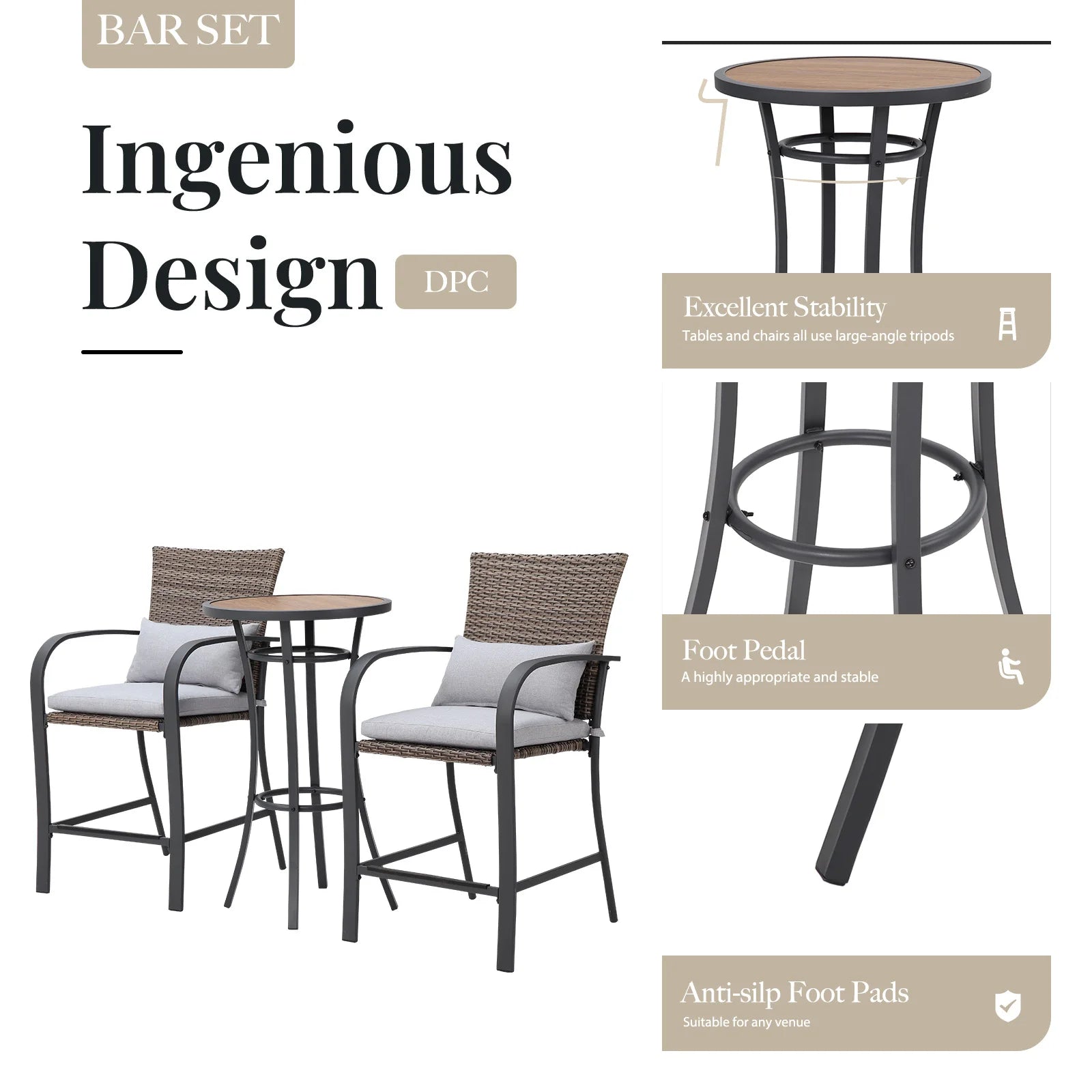 NAGA BAHNA 2pcs Patio Bar Chair with Soft Cushion, Rattan Wicker Outdoor Furniture Set for Backyards, Lawn, Deck, Poolside