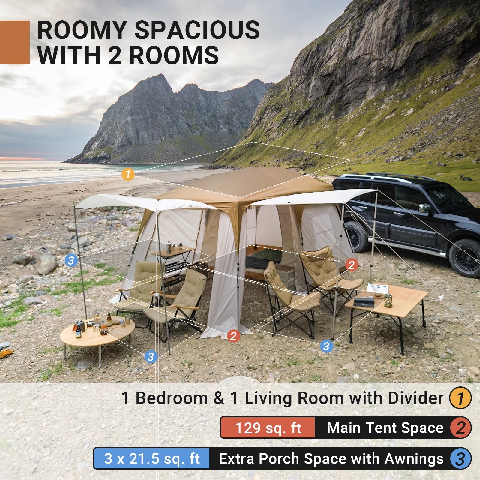 KingCamp Quick-open Tunnel Tent, Camping Tent Tunnel Tent With Screened Porch Room Awning For Travelling Outdoor Hiking