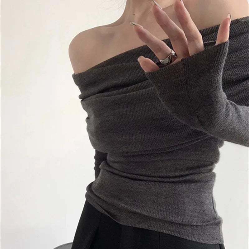 Autumn Long Sleeve Off-shoulder Women Sexy Sweater Elegant Solid Color Slim Fit Knitted Top Fashion Pullover Knitwear
