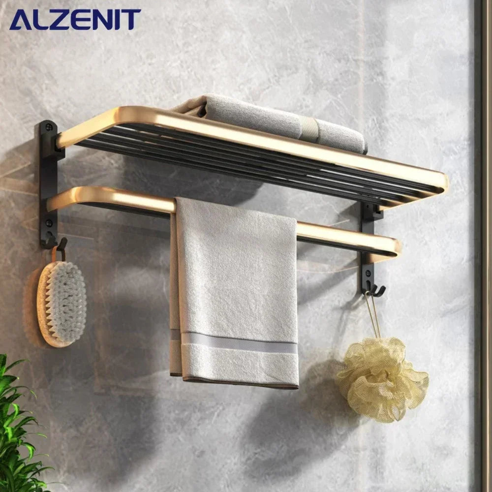 Bath Hardware Sets Organizer Aluminum Shower Towel Rack Black Gold Wall Mounted Bathroom Accessory Shelf Toilet Brush Holders