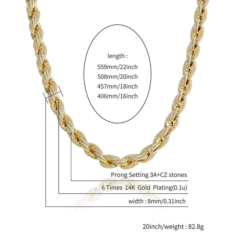 TOPGRILLZ 8mm Rope Chain Hip Hop Necklace Gold Silver Color Iced Out Micro Pave CZ Necklace Men Women Jewelry Gift