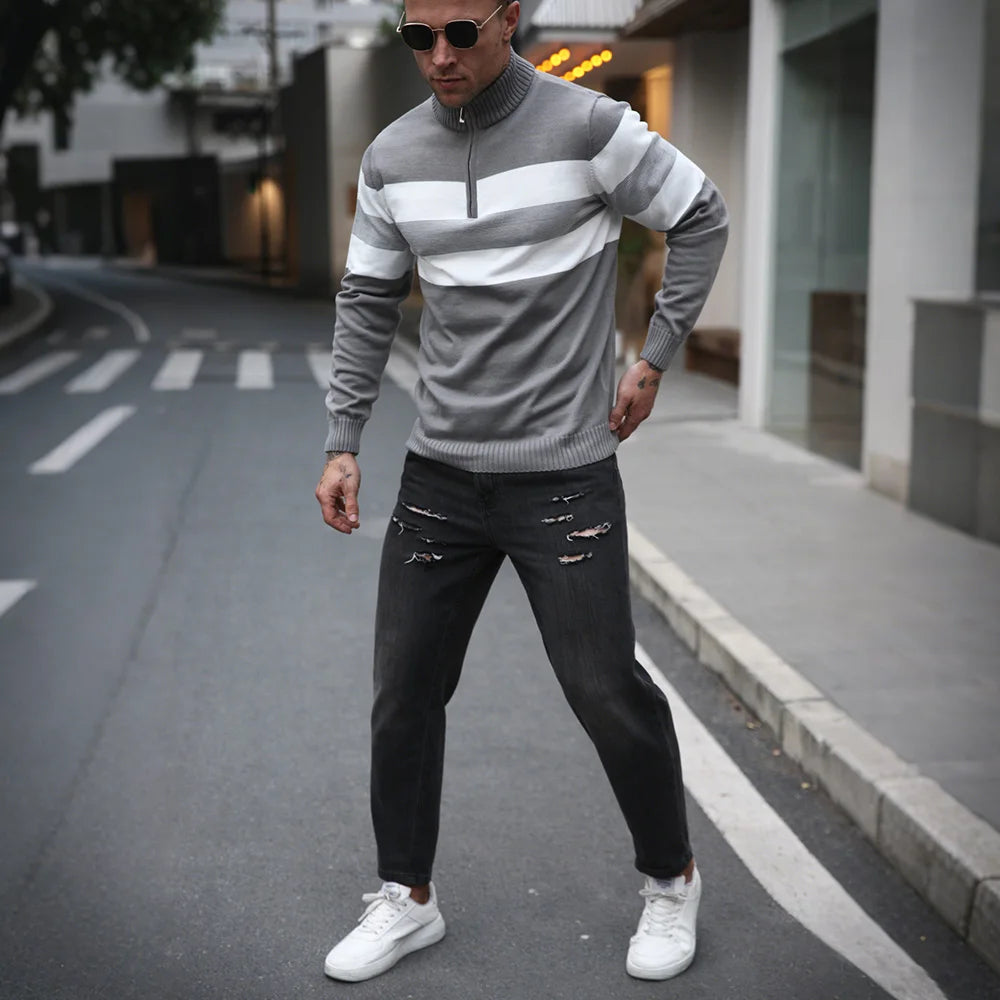 Men's Sweater Spring Stand-up collar zipper Sweater Knitted Lightweight Soft Long Sleeve Pullover Knitted Casual Tops US Size