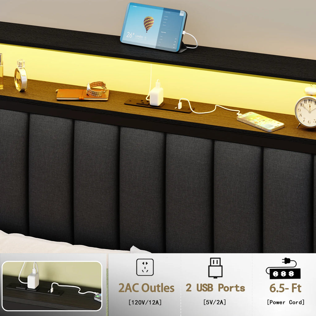 Full/Queen size bed frame with charging station, LED bed frame, headboard with frame, platform bed frame, soft cushion bed frame