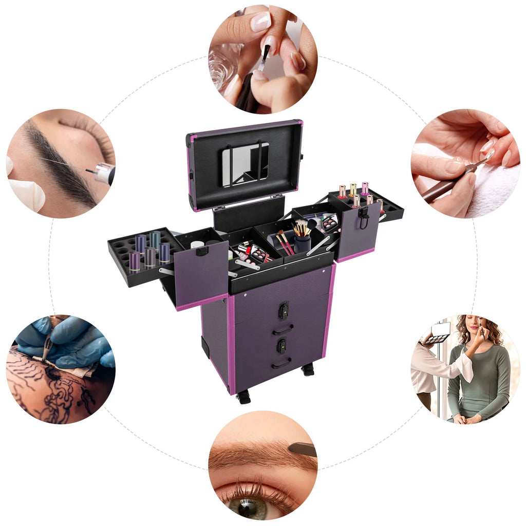 Rolling Makeup Case Lockable Portable Cosmetic Organizer Trolley Large Make up Cosmetic Organizer L14.6*D9.45*H26in (Purple)