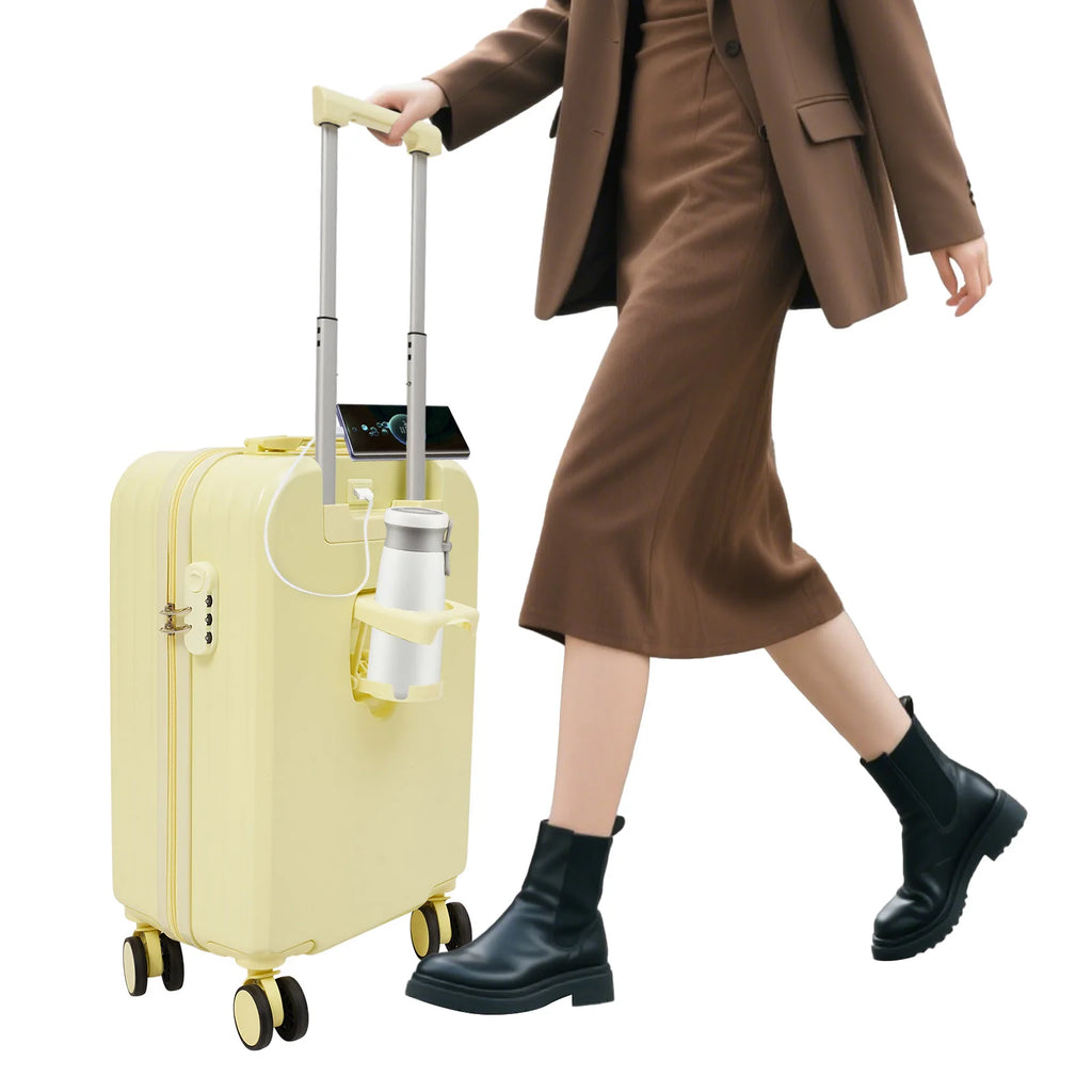 20" Carry On Luggage with Cup Holder USB Port Hard Top Handle Shell Rolling Travel Suitcase with Spinner Wheels