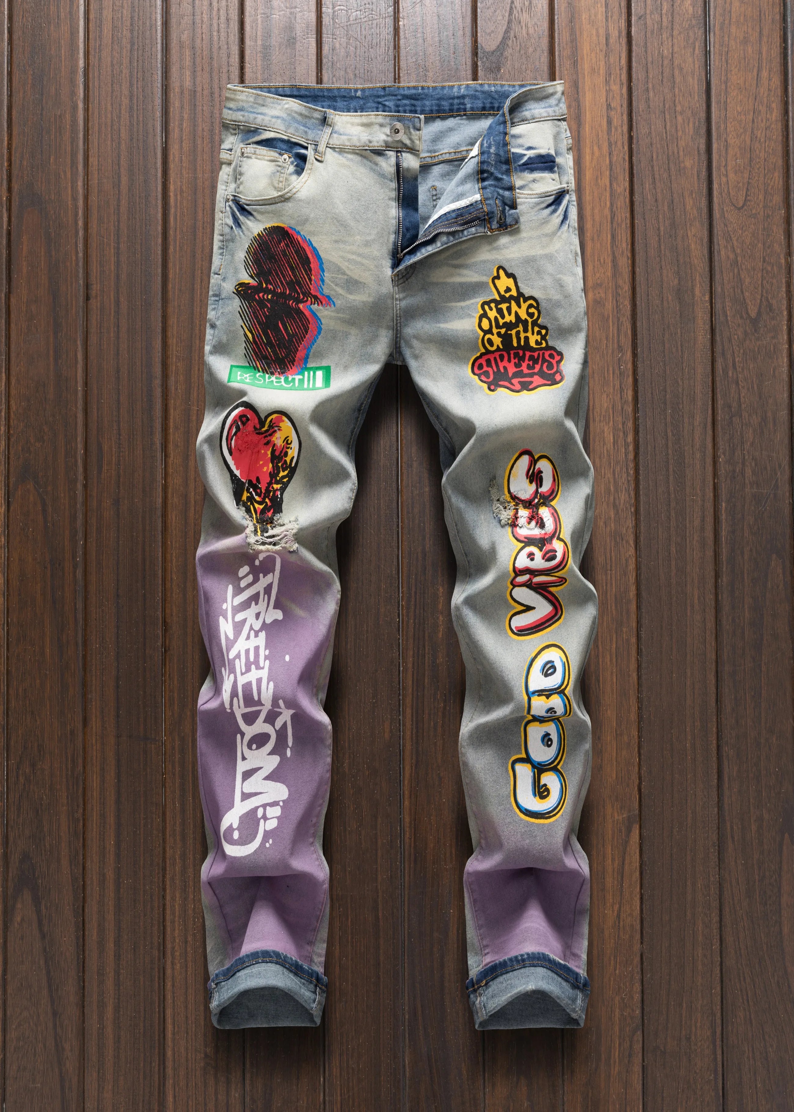 Men's street casual printed versatile fashionable slim fit straight hole vintage jeans