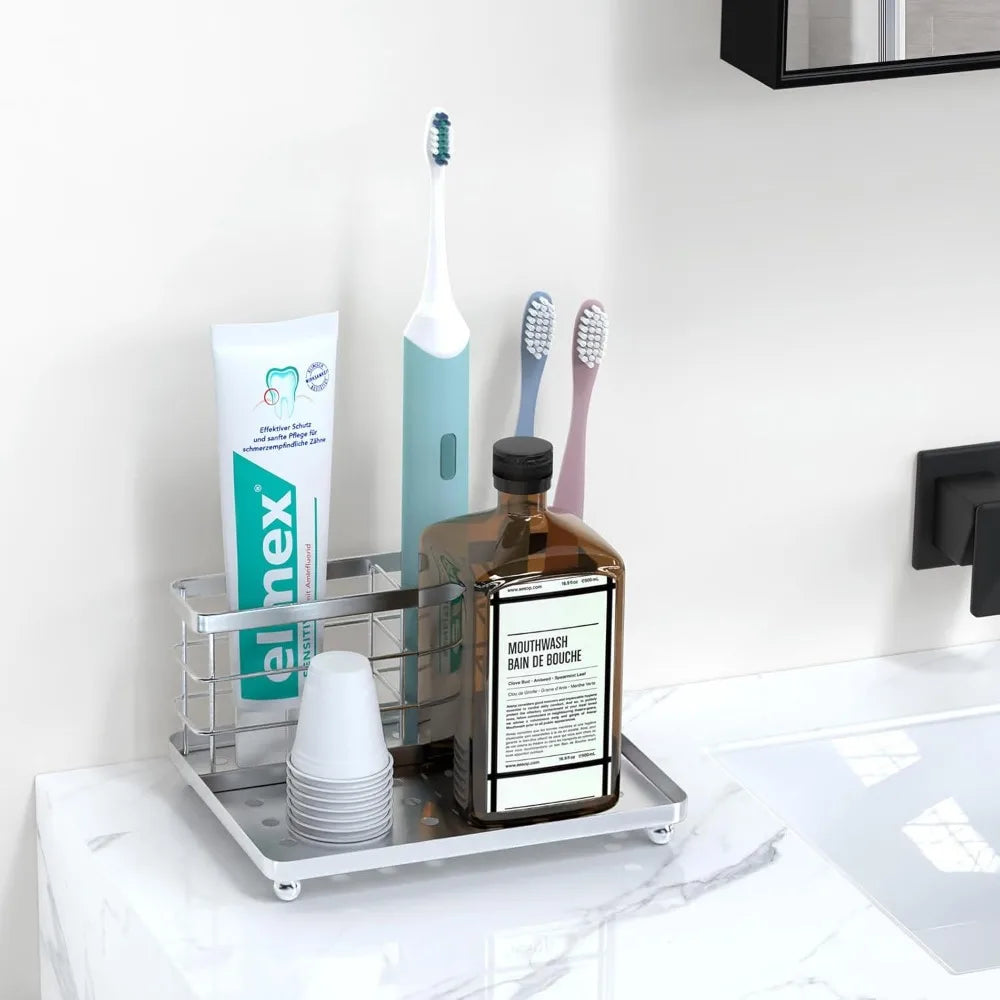 Toothbrush Holders for Bathroom, Toothbrush Holder with Tray, Stainless Steel Holder for Toothbrush Toothpaste, Tooth Brushing