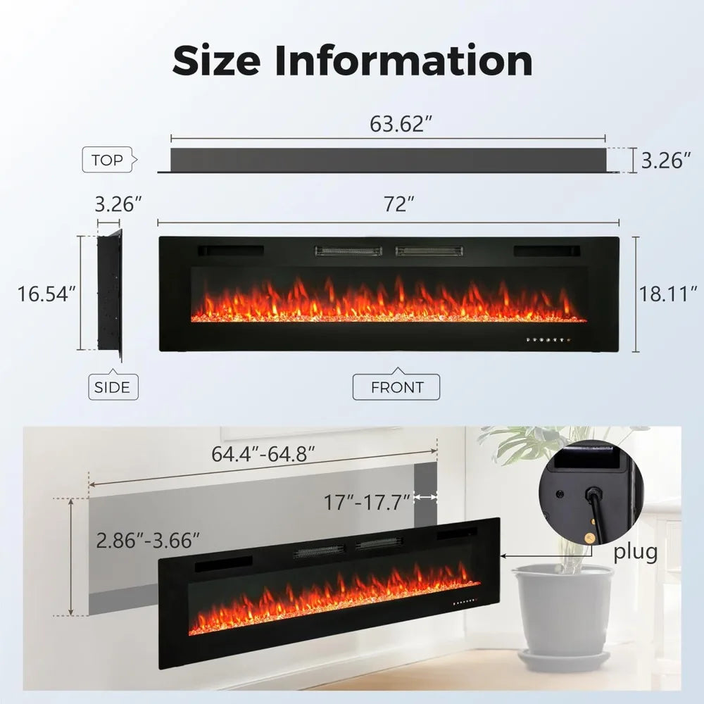 72" Wall Mounted Electric Fireplace Heater for Indoor Use - Faux Fireplace Insert with Remote Control, Space Heater for Bedroom