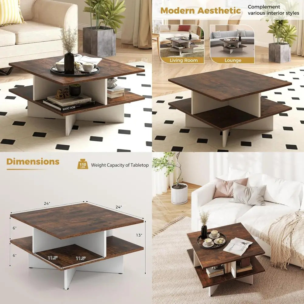 Modern 2-Tier Square Coffee Table with Storage and X-Shaped Base by GOFLAME