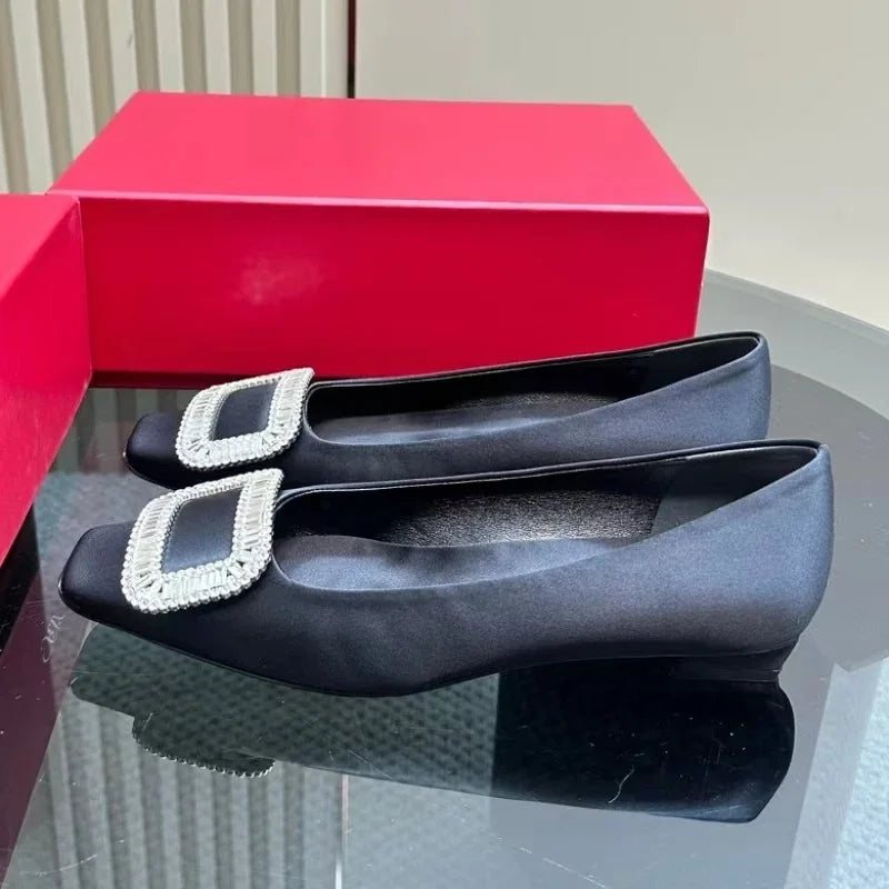 Classic Red Color Shoes For Wedding Top Version Silk Square-Toe Shallow Woman Flats Mary Janes Ballet Dance Shoes Banquet Flats