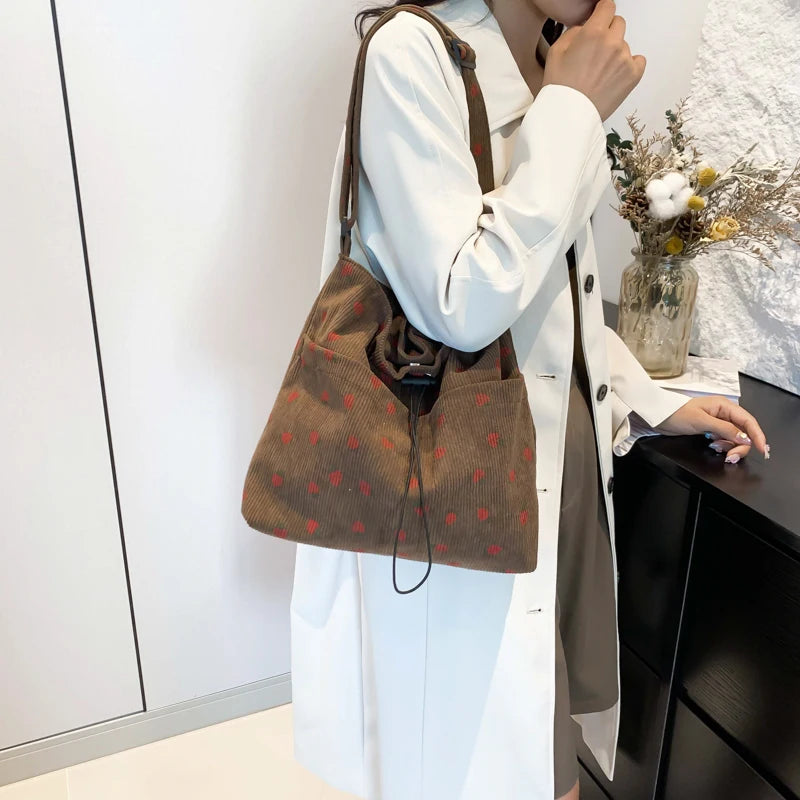 Women Corduroy Shoulder Bag Strawberry Handbag Adjustable Strap Multi-Pocket Work Shopping Bag