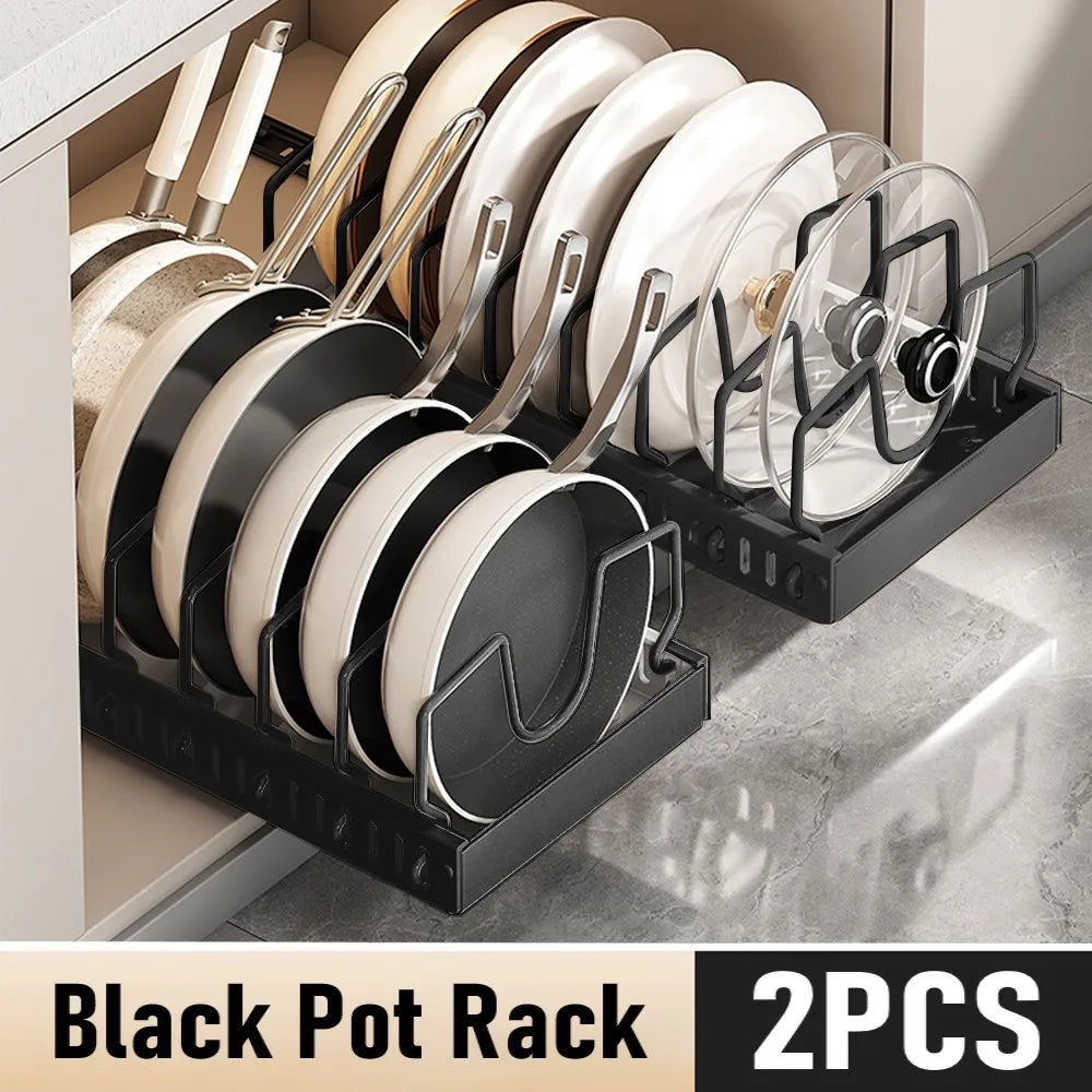 Kitchen Pots and Pans Organizer Under Cabinet Sliding Drawer Pot Lid Organizer Pull Out Cabinet Storage Tray with 8 Dividers