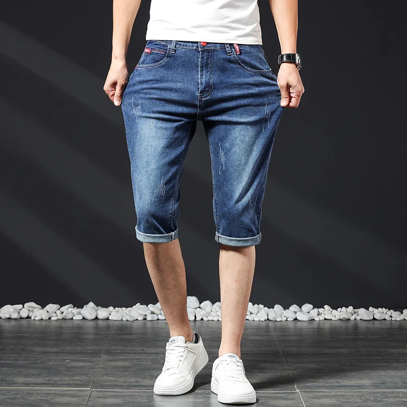 Mens Short Jeans Summer New Bermuda Casual Stretch Blue Knee Length Cropped Pants Slim Male Denim Shorts