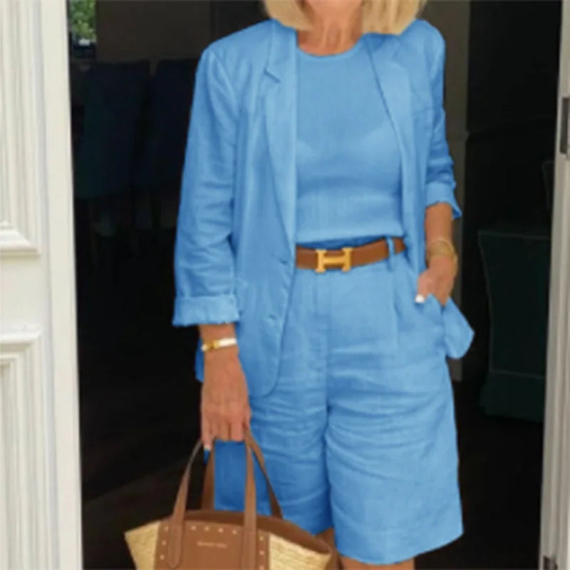 Women's suit two-piece set 2025 spring new women's fashion casual commuting solid color cardigan top shorts two-piece set