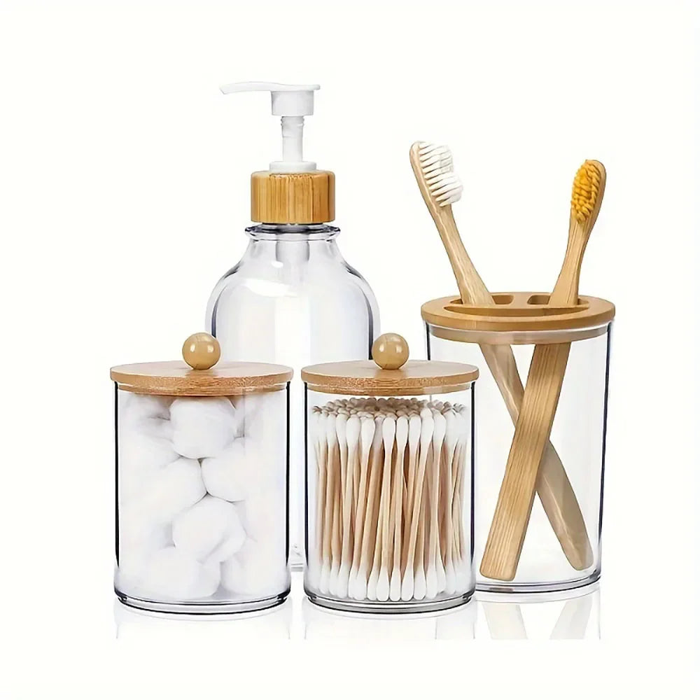 4pcs Bamboo Bathroom Accessories Set - Rustic Boho Decor, Soap Dispenser, Toothbrush Holder, 2 Cotton Swab Holder Jars Soap dish