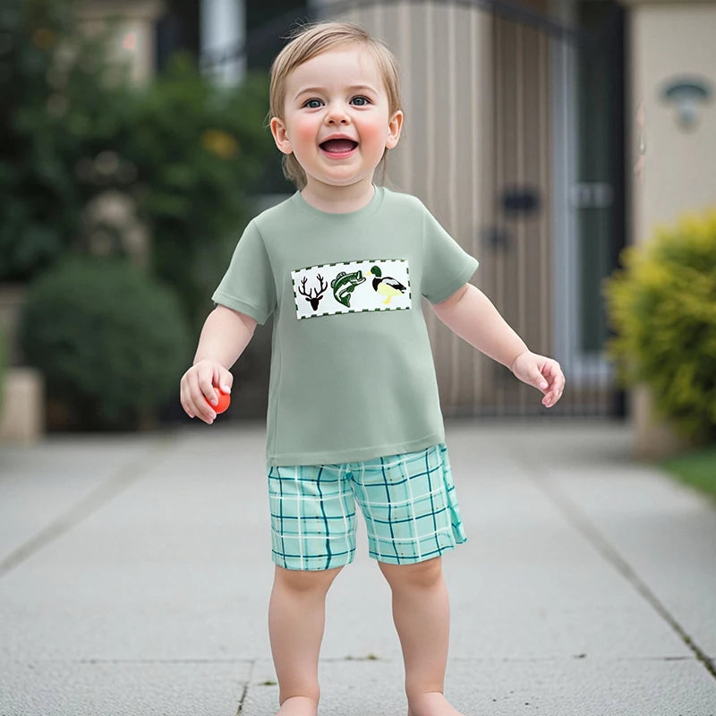 Boys Summer Outfit Set with Short Sleeve O Neck Duck Embroidered Top and Plaid Shorts for a Stylish Look